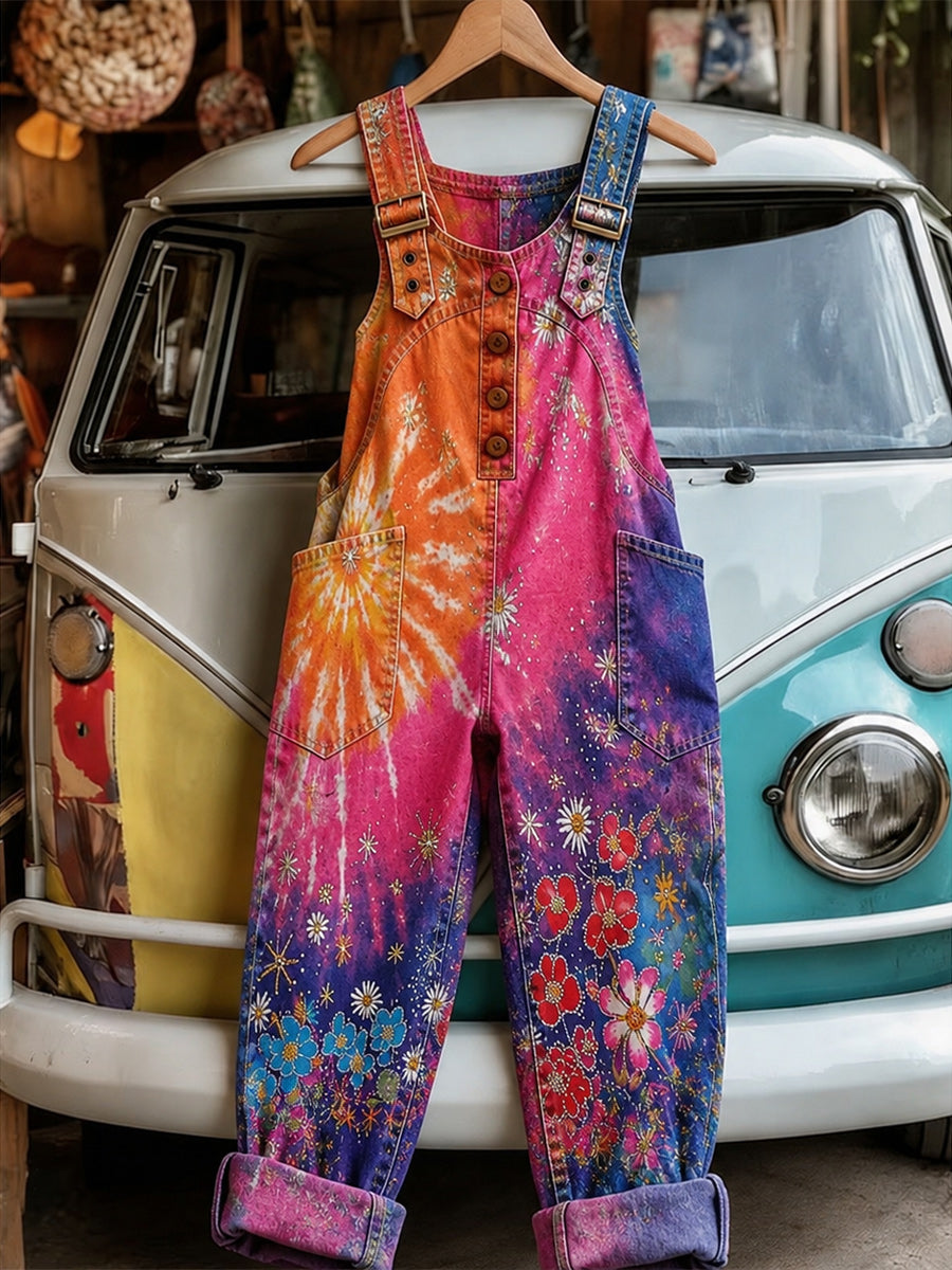 Women's Retro Style Art Print Washed Cotton Denim Patchwork Jumpsuit